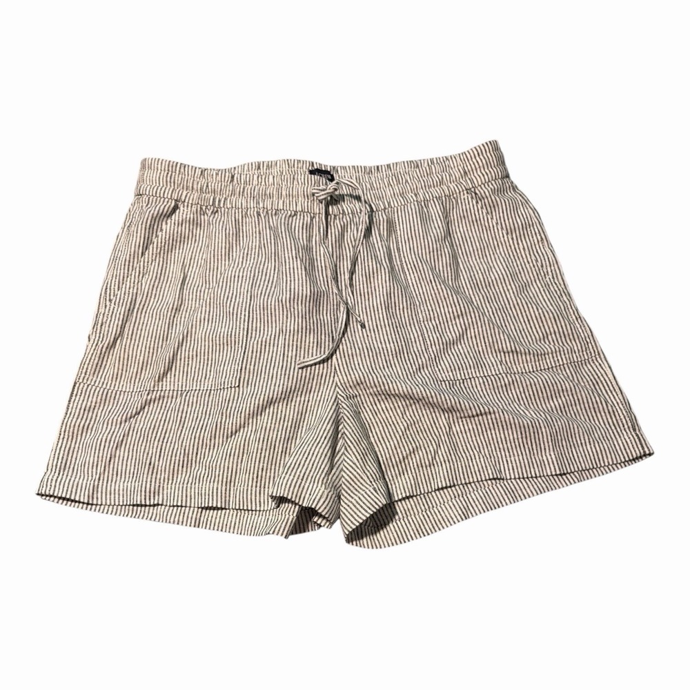 J. Crew Linen Blend Pull On Shorts Drawstring Pockets Gray Cream Stripe Med